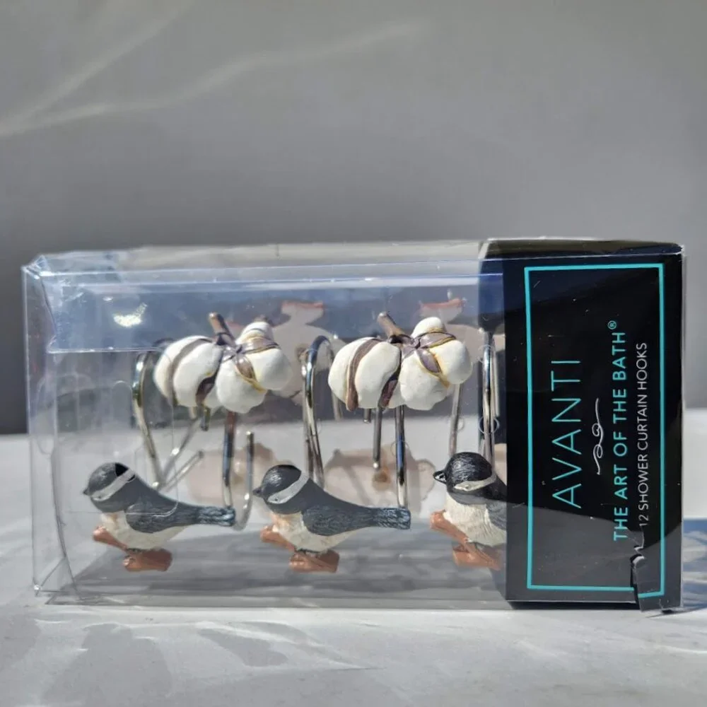 NEW Shower Curtain Hooks Multicolor Chickadee Bird Bathroom Decor Cotton Ball Pl